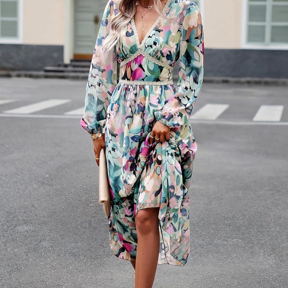 Floral Boho V-Neck Long Sleeve Midi Dress | Chiffon Wedding Guest | Size M | NWT